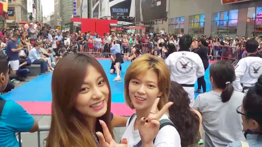 Watch: TWICE's Jeongyeon And Tzuyu Stumble Upon 'TT' Cover Performance In Times Square