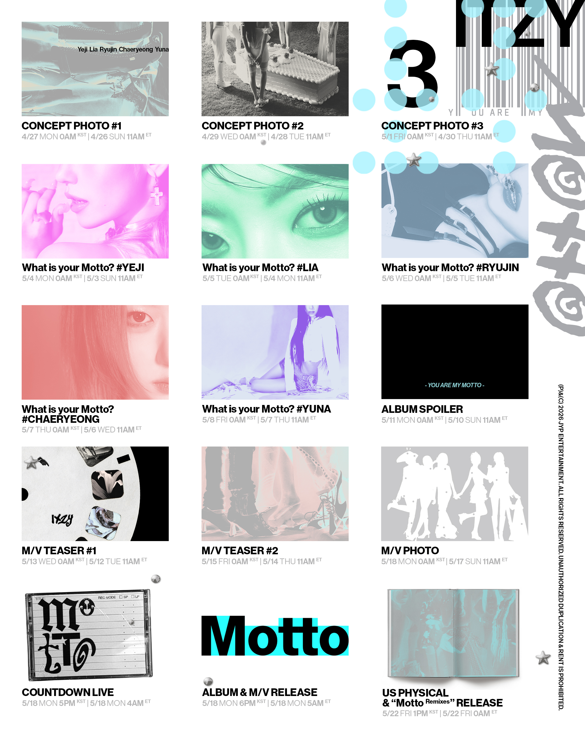 صورة توضح المواعيد الهامة لترويجات ألبوم Motto لفرقة ITZY