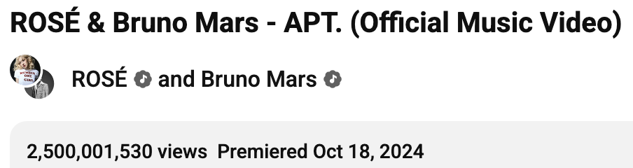 Rosé’s “APT.” With Bruno Mars Becomes 5th Fastest MV Ever To Reach 2.5 Billion Views