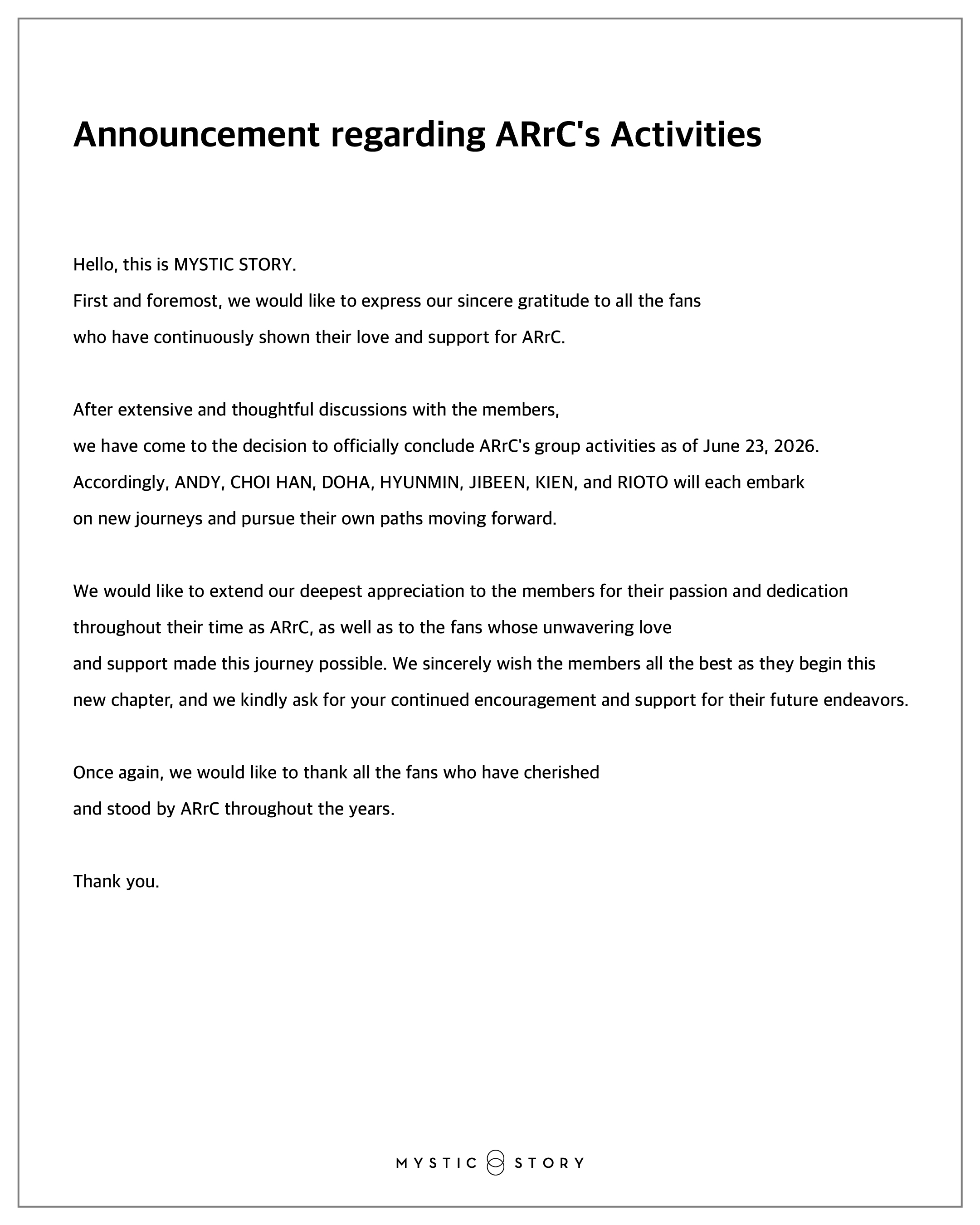 ARrC Announces Disbandment