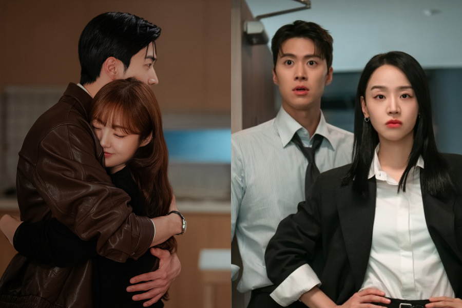 사무실 책상과 회의실 배경, 업무 복장의 남녀 두 명이 마주보고 있는 장면. 긴장감과 설렘이 동시에 느껴지는 분위기