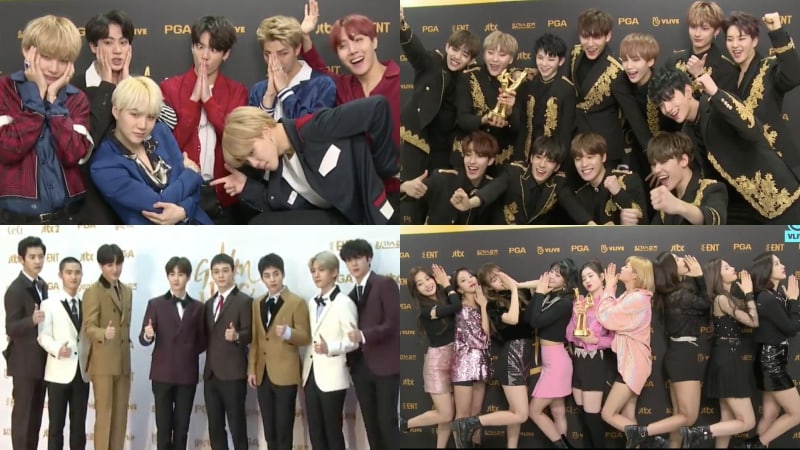 BTS, EXO, SEVENTEEN y otros ganadores de los Golden Disc Awards posan para fotos de celebración tras bastidores