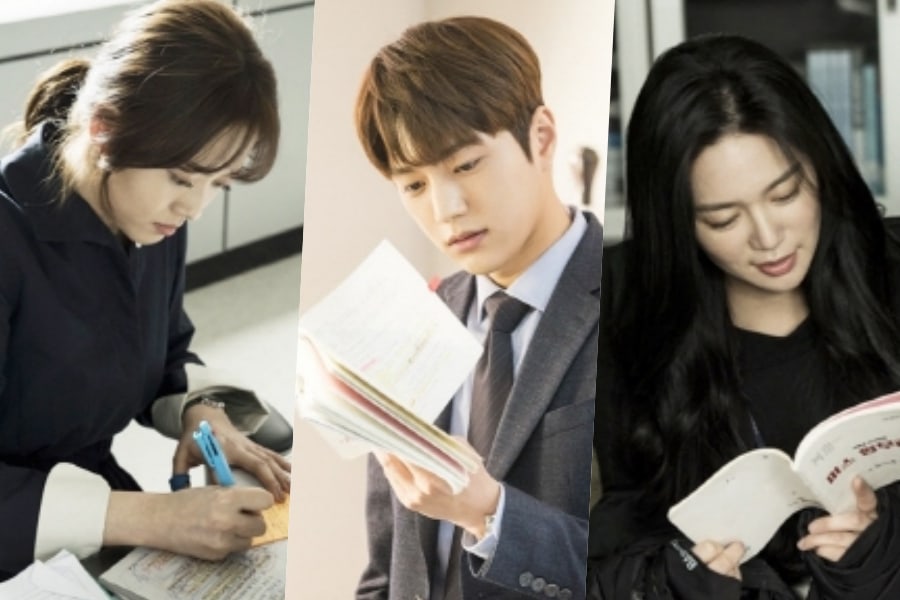 Go Ara, L de INFINITE, Lee Elijah, y más estudian apasionadamente sus guiones en imágenes tras las cámaras de “Miss Hammurabi”